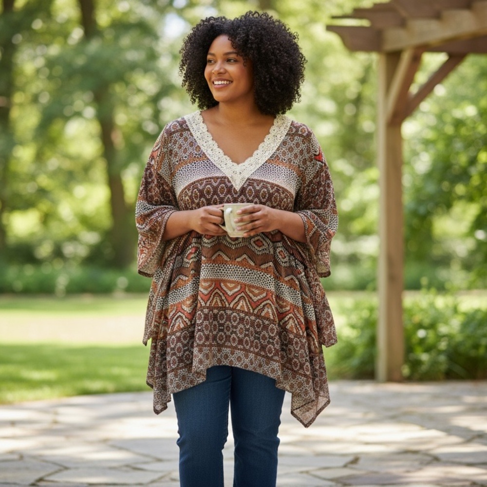 Cato‎ Multicolor Patterned Top with Lace Detail